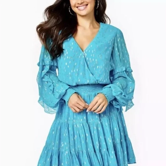 NWT Lilly Pulitzer Women's Turquoise Oasis Metallic Heline‎ Ruffle Dress - Picture 2 of 12
